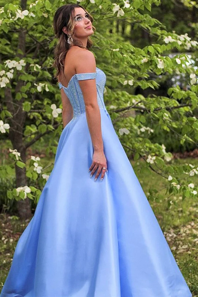 Off Shoulder Light Blue Satin Long Prom Dresses, Off The Shoulder Sati
