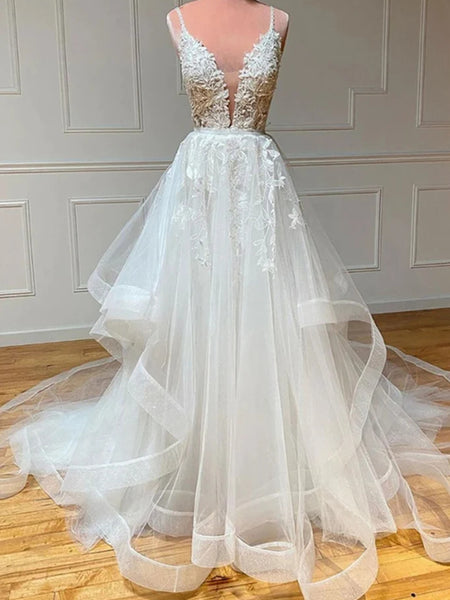 White lace long A line prom dress white evening dress
