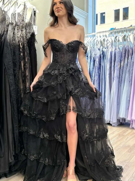 Off Shoulder Black Lace Layered Long Prom Dresses, Off the Shoulder Bl
