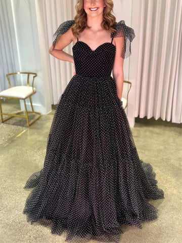 A Line Straps Black Swiss Dot Tulle Prom Dresses,  Straps Black Tulle Long Formal Evening Dresses
