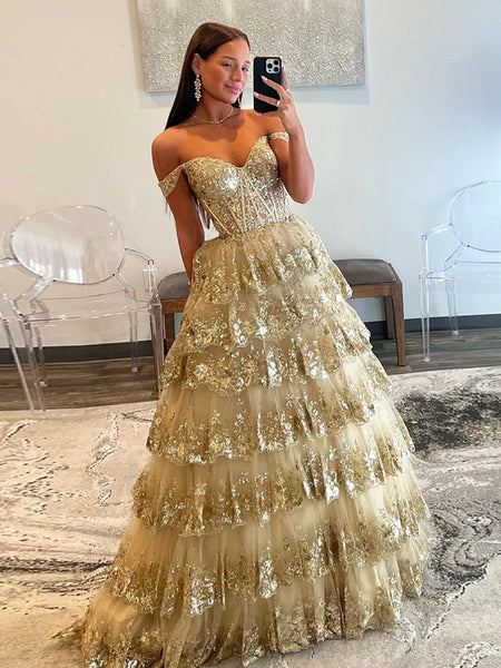 A Line Off Shoulder Golden Sequin Tulle Long Prom Dress, Off The Shoul