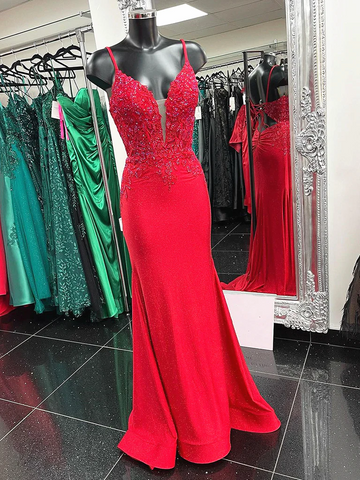 Red Mermaid Lace Prom Dresses, V Neck Red Mermaid Lace Formal Evening Dresses