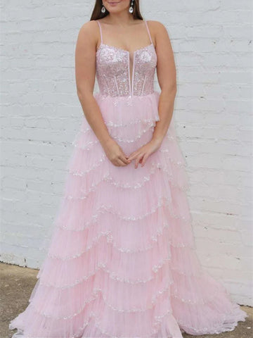 Spaghetti Straps Layered Pink Lace Long Prom Dresses, Pink Lace Formal Evening Dresses
