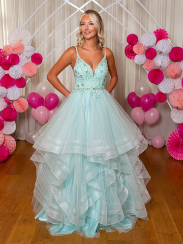 V Neck Fluffy Mint Green Lace Long Prom Dresses, Mint Green Lace Formal Evening Dresses, Mint Green Lace Long Ball Gown