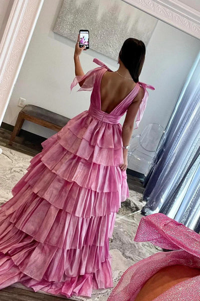 Beautiful Backless  V Neck Pink Tulle Long Prom Dresses, Pink Open Back V Neck Long Formal Evening Dresses