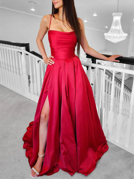 green emerald velvet dress A-line Red Spaghetti Straps Tulle Princess Party Long Prom Dresses, Ev –  bridalsew main image 1