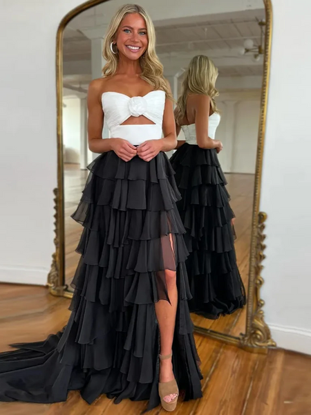 Sweetheart Neck Black and White Long Prom Dresses, Sweetheart Neck Bla