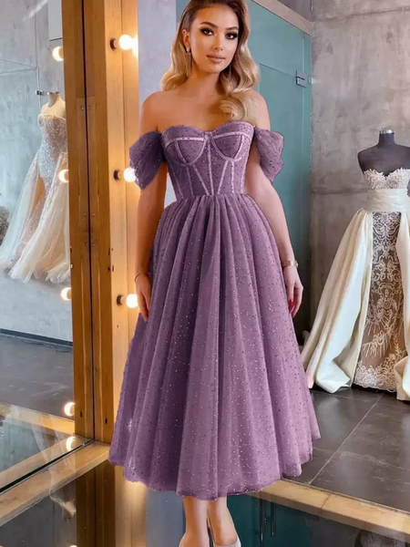 Off Shoulder Purple Beaded Tea Length Prom Dresses,Off the Shoulder Pu – morievent Off Shoulder Purple Beaded Tea Length Prom Dresses,Off the Shoulder Pu – morievent
