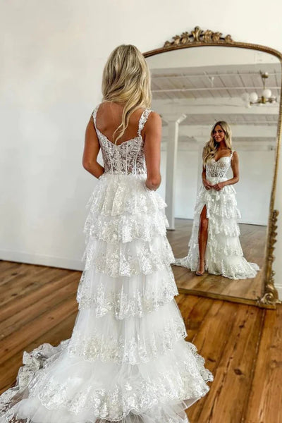 A Line V Neck White Lace Tiered Stunning Prom Dresses With Split, Lace White Long Formal Evening Dresses
