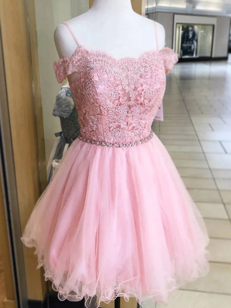 Glamorous Short Pink Cocktail Dresses Off-the-shoulder Glitter Prom Dress With Lace