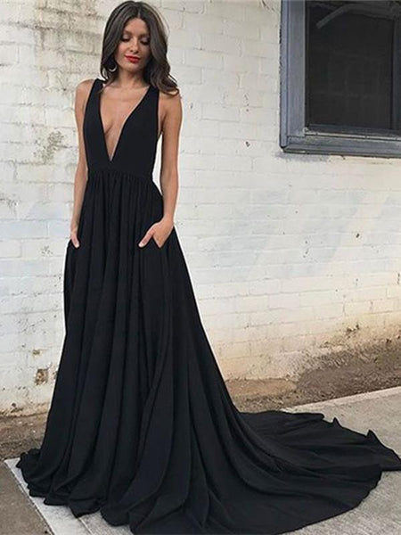Elegant V Neck Black Backless Prom Dress with Train, Black Backless Fo – morievent