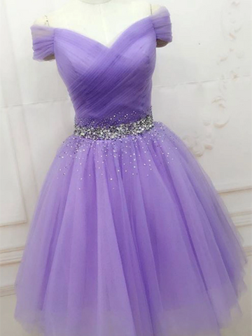 A Line Off The Shoulder Purple Tulle Short Prom Dresses, Off Shoulder Purple Short Evening Homecoming Dresses