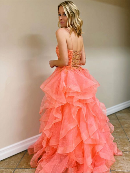 A Line Coral Backless Tulle Beaded Long prom Gowns, Coral Beaded Prom – morievent
