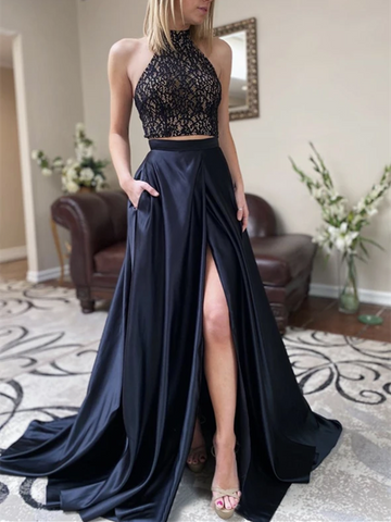 High Neck Black Two Pieces Long Prom Dresses With High Leg Slit, Black 2 Pieces Satin Long Formal Evening Party Dresses