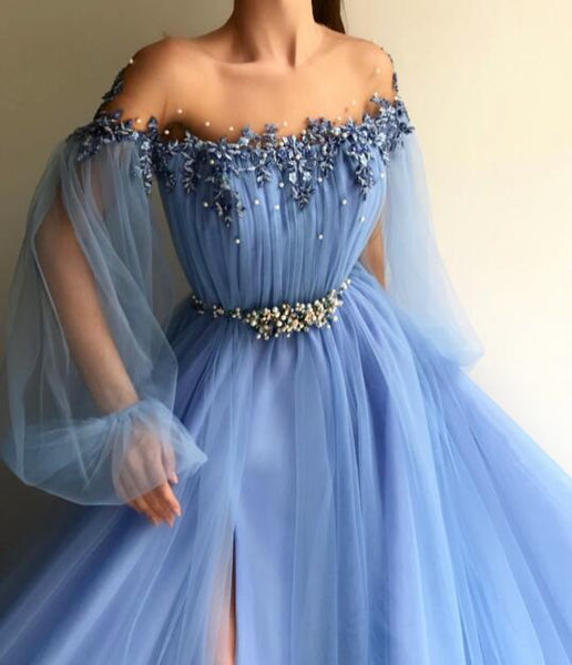 Round Neck Blue Tulle Long Sleeves Prom Dresses, Blue Tulle Long Sleeves Formal Evening Dresses