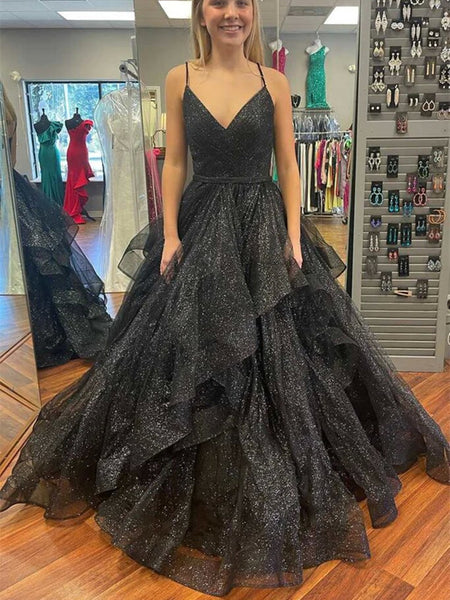 black layered tulle prom dress Ariya Black A line Off the Shoulder Glitter Tulle Prom Dress with Slit Black / 14
