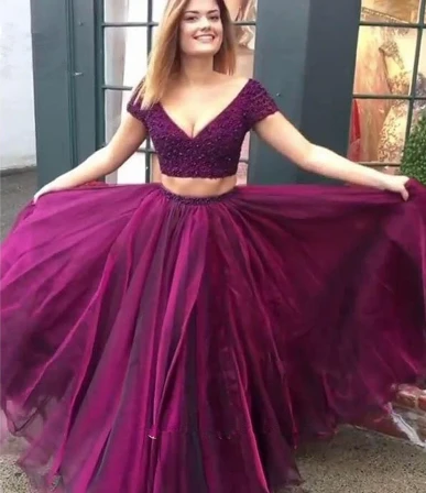 Grape Tulle Beaded Two Piece Prom Dresses, Grape 2 Pieces Long Formal morievent Grape Tulle Beaded Two Piece Prom Dresses, Grape 2 Pieces Long Formal morievent