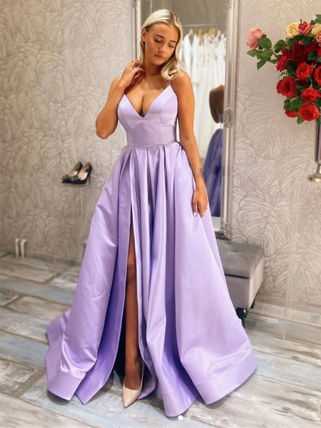 V Neck Purple Long Prom Dresses with Leg Slit, Satin Formal Dresses, P morievent V Neck Purple Long Prom Dresses with Leg Slit, Satin Formal Dresses, P morievent