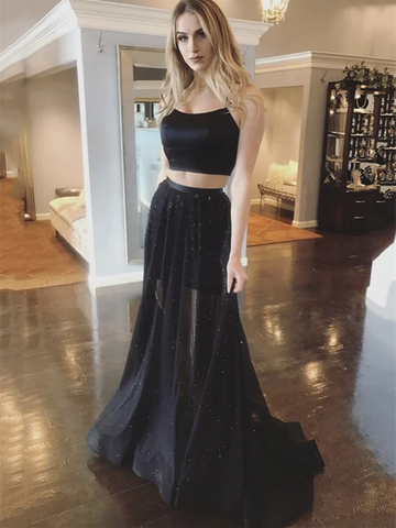 A Line Black Two Pieces Backless Long Prom Dresses, 2 Pieces Black Open Back Long Formal Evening Dresses