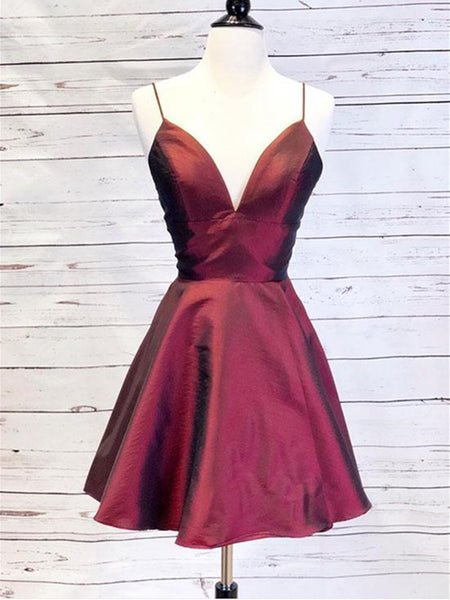 Burgundy v neck short prom dress, Burgundy short graduation homecoming