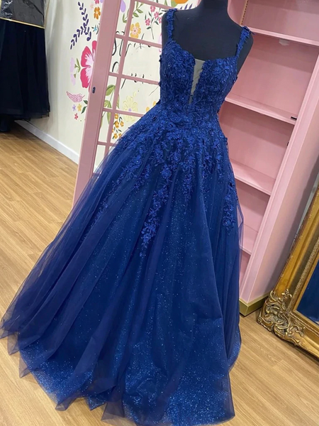 Shiny Navy Blue Lace Prom Dresses, Navy Blue Lace Formal Graduation Dr –  morievent