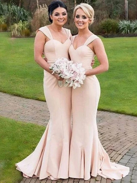 Champagne Mermaid Long Bridesmaid Dresses, Mermaid Champagne Satin Lon