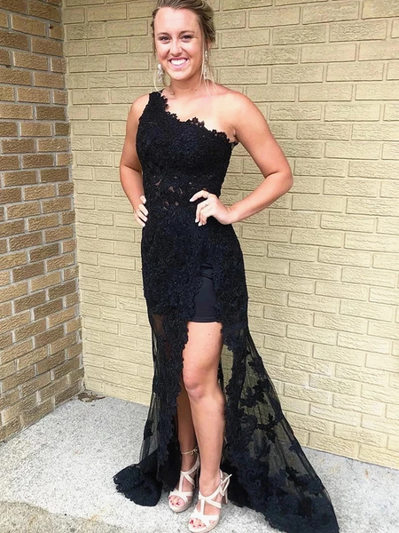 open lace back dress One Shoulder Mermaid Black Satin Long Evening Prom Dresses, Custom Sid –  MarryLover main image 0