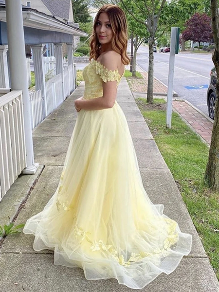 Yellow Off Shoulder Floral Tulle Long Prom Dresses, Yellow Off The Sho – morievent