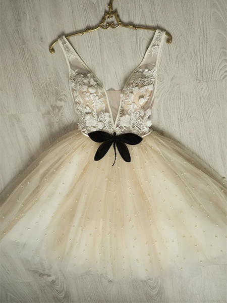 Champagne Tulle Short Prom Dresses, Champagne Tulle Short Formal Eveni –  morievent