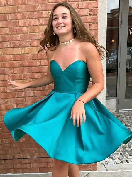 Peacock Blue Satin Short Prom Dresses, Peacock Blue Short Formal Gradu   morievent