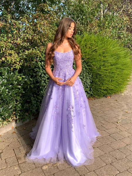 A Line Purple Lace Long Prom Dresses, A Line Purple Lace Long Formal E – morievent