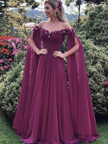 Elegant Long Sleeves Purple Chiffon Floral Long Prom Dresses, Purple Floral Formal Evening Graduation Dresses
