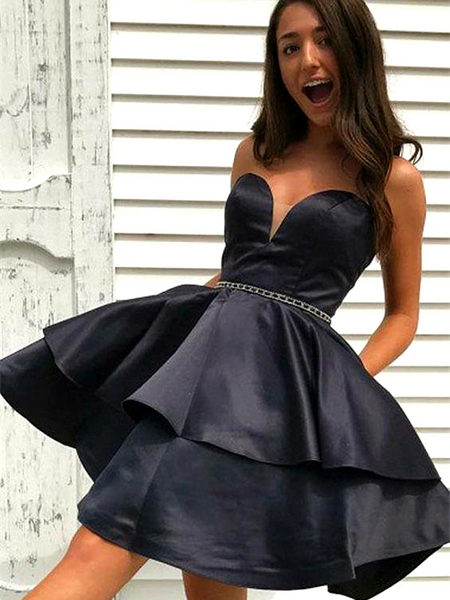 Sweetheart Neck Short Black Prom Dresses, Little Black Formal Evening   morievent