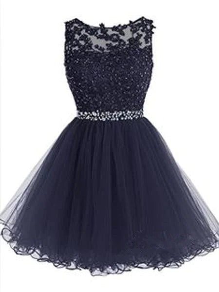 Custom Made A Line Round Neck Lace Short Navy Blue Prom Dresses, Short morievent Custom Made A Line Round Neck Lace Short Navy Blue Prom Dresses, Short morievent