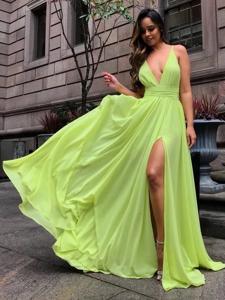 V Neck Bright Yellow Chiffon Long Prom Dresses with Slit, V Neck Brigh morievent V Neck Bright Yellow Chiffon Long Prom Dresses with Slit, V Neck Brigh morievent