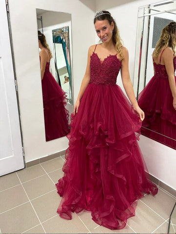 Burgundy Lace Spaghetti Strap Tulle Long Prom Dress , Burgundy A-Line Formal Evening Party Dress