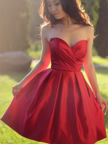 Red Elegant Simple Sweetheart Neck Short Satin Pron Dresses, Red Short Sweetheart Formal Evening Homecoming Dresses
