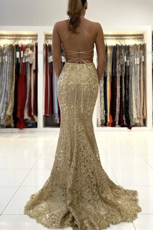 Gold Mermaid Lace Backless Prom Dresses, Open Back Golden Mermaid Lace morievent Gold Mermaid Lace Backless Prom Dresses, Open Back Golden Mermaid Lace morievent