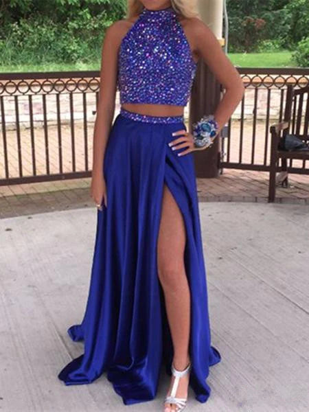Custom Made A Line High Neck 2 Pieces Blue Prom Dresses 2 Pieces