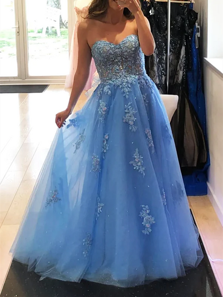 A line Blue Tulle Lace Prom Dress