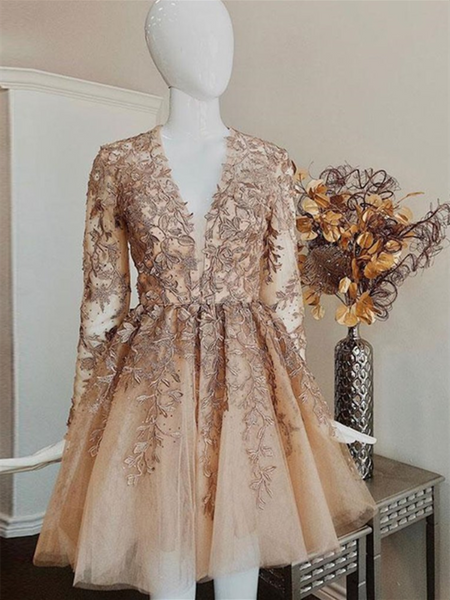 graduation dresses with long sleeves Champagne V Neck Lace Short Prom Dresses, Long Sleeves Ch – morievent Our tailors will craft Women's Sunset Spritz Pink Size:XS/S- FINAL SALE Beading On Prom Dresses