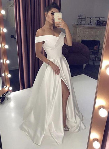 Off Shoulder White Stain Long Wedding Dresses With Leg Slit, Off The Shoulder White Prom Formal Dresses