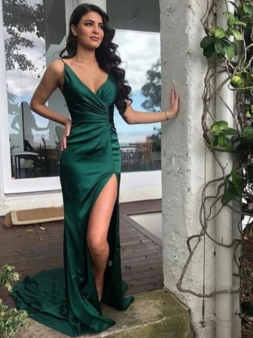 V Neck Mermaid Emerald Green Long Prom Dresses With Leg Slit, Mermaid Emerald Green Satin Long Formal Evening Dresses