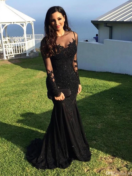 Long Sleeves Mermaid Lace Black Prom Dress, Lace Black Mermaid Formal morievent Long Sleeves Mermaid Lace Black Prom Dress, Lace Black Mermaid Formal morievent