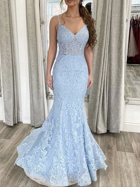 V Neck Blue Lace Mermaid Long Prom Dresses, V Neck Blue Lace Mermaid L –  morievent