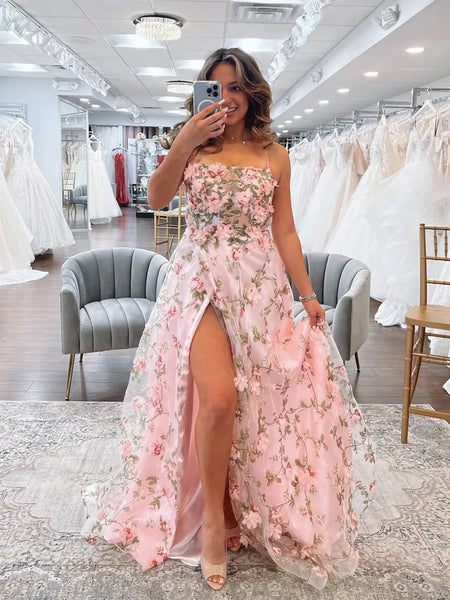 A Line Pink Floral Long Prom Dresses with High Slit, Long Pink Formal morievent A Line Pink Floral Long Prom Dresses with High Slit, Long Pink Formal morievent