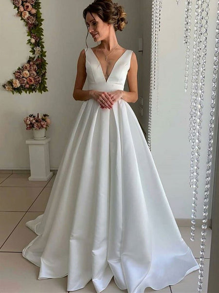 White v neck satin long prom dress, White v neck satin long formal eve –  morievent