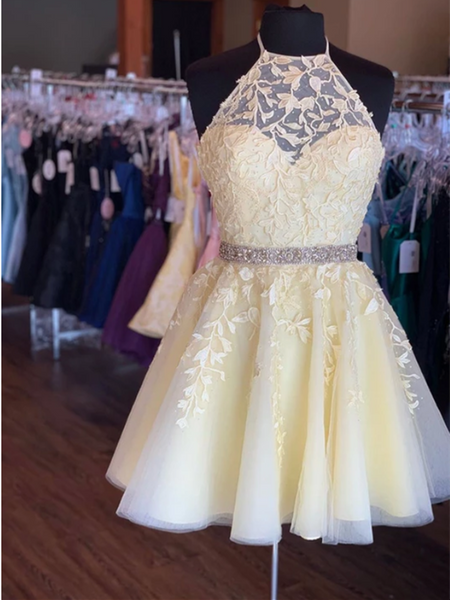 A Line Yellow Tulle Lace Short Prom Dress, Yellow Tulle Lace Short Hom morievent A Line Yellow Tulle Lace Short Prom Dress, Yellow Tulle Lace Short Hom morievent