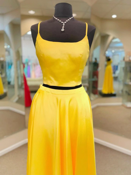 Simple Two Pieces Yellow Satin Long Prom Dresses, 2 Pieces Yellow Formal Graduation Evening Dresses