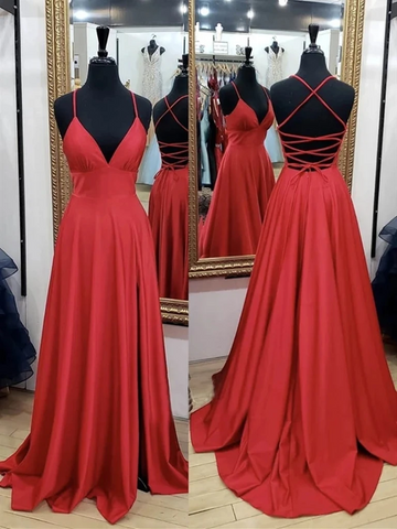V Neck Red Backless Long Prom Dresses, Open Back Red Long Formal Evening Dresses